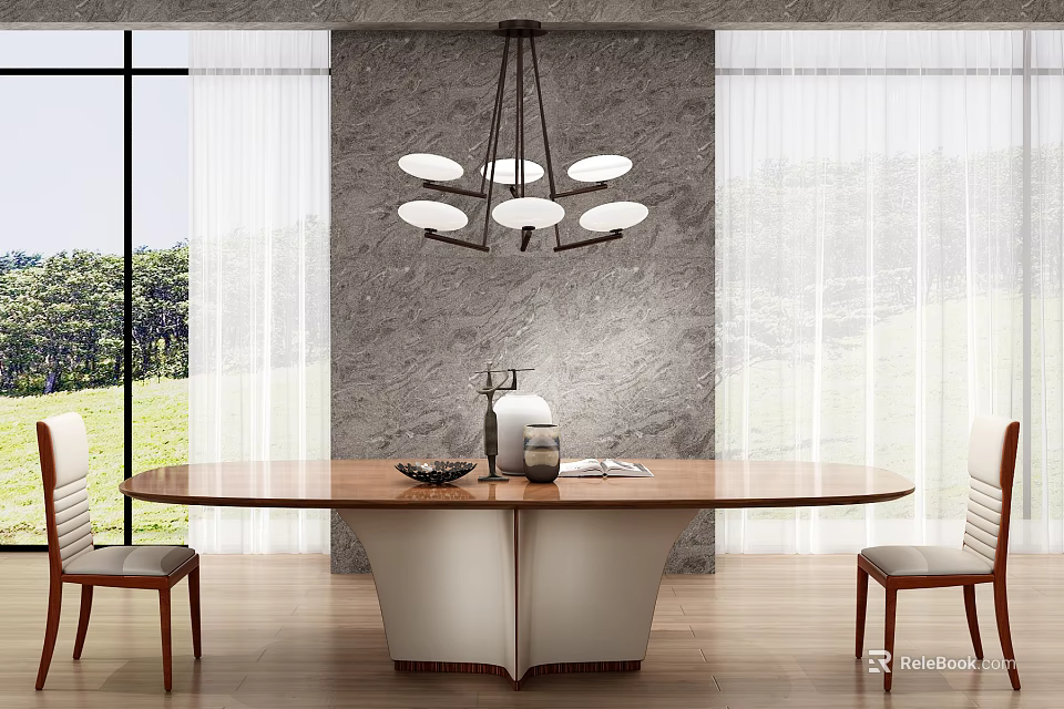 Elegant Table and Chairs Set with Wooden Top Leather Seats Marble Wall and Chandelier 3d model 