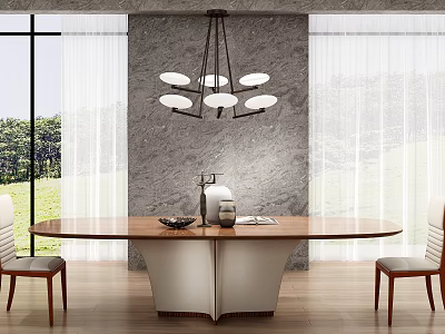 Elegant Table and Chairs Set with Wooden Top Leather Seats Marble Wall and Chandelier 3d model