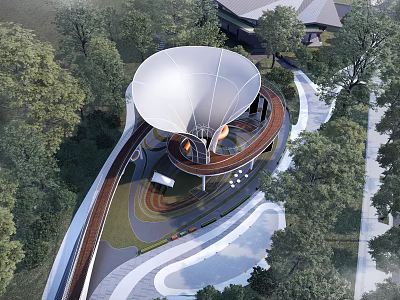 Park Landscape with Large White Dome Structure Curved Walkways and Surrounding Trees 3d model