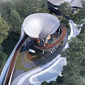 Park Landscape with Large White Dome Structure Curved Walkways and Surrounding Trees