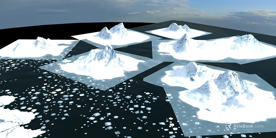 Landscape Garden Design With Snow Covered Peaks Ice Blocks And Water Areas 3d model 