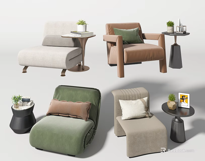 Casual Sofa Set with Different Colors Cozy Pillows Side Tables and Potted Plants 3d model 