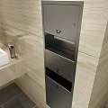 Modern Public Toilet Interior With Beige Wood Paneling Double Sinks And Mirror
