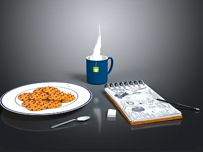 Steaming Blue Mug With Tea Bag Cookies On White Plate Notebook Pen And Spoon 3d model