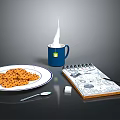 Steaming Blue Mug With Tea Bag Cookies On White Plate Notebook Pen And Spoon