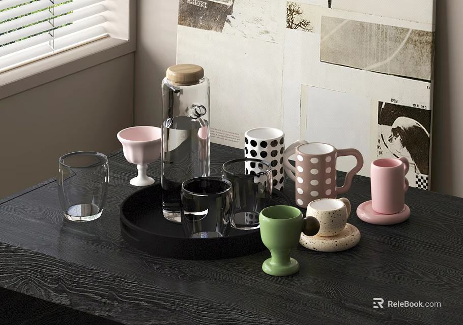Various Cups Transparent Glass Pink Polka Dot Green On Black Tray With Window Wall Decor 3d model 