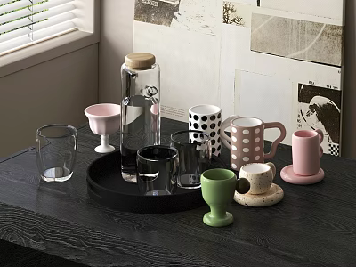 Various Cups Transparent Glass Pink Polka Dot Green On Black Tray With Window Wall Decor 3d model