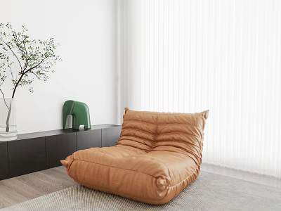 Brown Bean Bag Chair In Modern Living Room With White Curtains And Green Plant 3d model