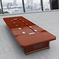 Polished Mahogany Conference Table with Integrated Controls in Bright Office with City View
