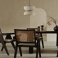 Minimalist Dining Table Set With Dark Wooden Table Rattan Chairs Arched Wall And Pendant Light