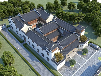 Chinese Ancient Architecture Courtyard Aerial View with White Walls Black Tiles and Surrounding Trees 3d model