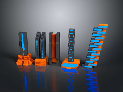 Modern Commercial Kitchen Equipment With Orange Blue Modular Structures And Appliances 3d model
