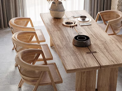 Wooden Dining Table With Rattan Chairs Ceramic Vase Tray Cutlery Against Curtains Stone Wall 3d model