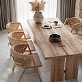 Wooden Dining Table With Rattan Chairs Ceramic Vase Tray Cutlery Against Curtains Stone Wall