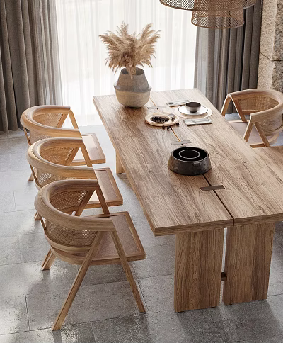 Wooden Dining Table With Rattan Chairs Ceramic Vase Tray Cutlery Against Curtains Stone Wall 3d model