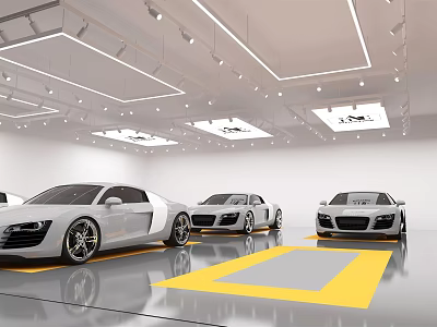 Modern Parking Garage with White Cars Yellow Markings and Bright Lighting Design 3d model