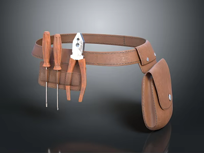 Durable Brown Leather Utility Tool Belt With Screwdrivers And Pliers 3d model