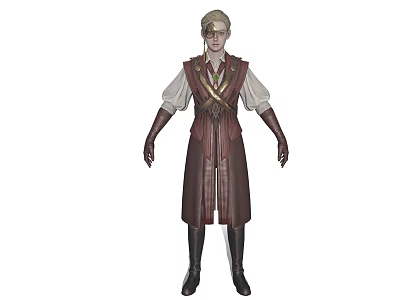 Steampunk Style Character In Brown Long Vest White Shirt Goggles With Mechanical Creature 3d model