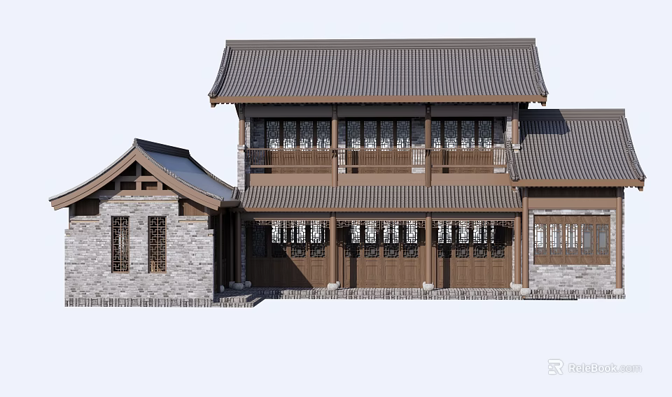 Traditional Chinese Rural Self-built House With Tile Roof And Wooden Structure 3d model 