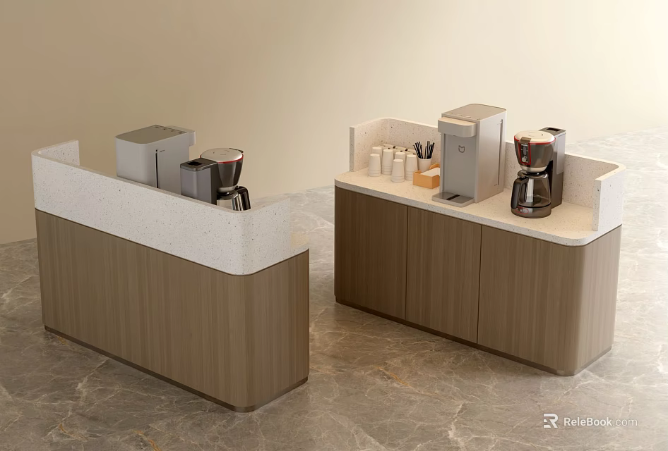 Modern Service Counters With Wooden Cabinets And Coffee Machines On Countertops 3d model 