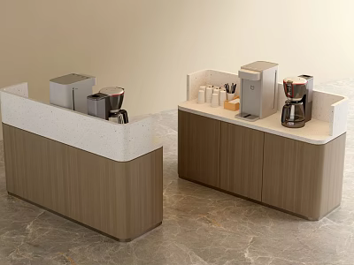 Modern Service Counters With Wooden Cabinets And Coffee Machines On Countertops 3d model
