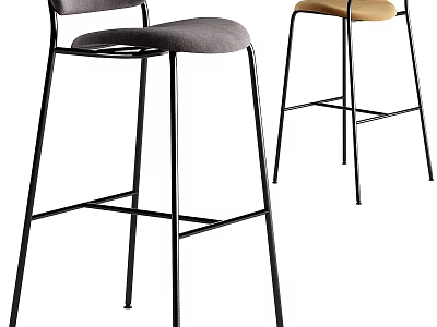 Modern Bar Stools With Black Metal Frame And Gray Brown Seat Cushions 3d model