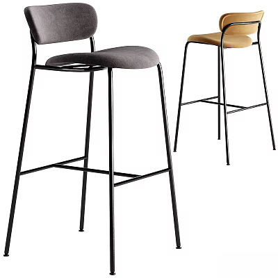 Modern Bar Stools With Black Metal Frame And Gray Brown Seat Cushions 3d model