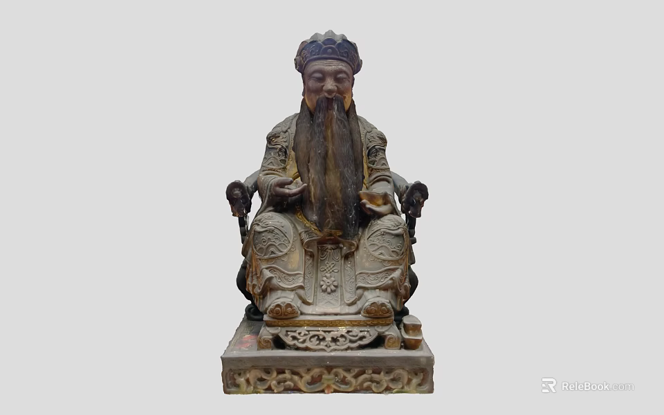 Traditional Wooden Seated Figure Sculpture With Intricate Robe Carvings And Decorative Base 3d model 