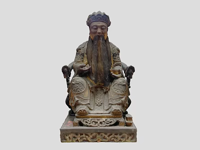 Traditional Wooden Seated Figure Sculpture With Intricate Robe Carvings And Decorative Base 3d model