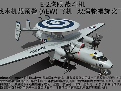E-2 Hawkeye Fighter Jet With Tactical Airborne Early Warning AEW And Twin Turboprop 3d model