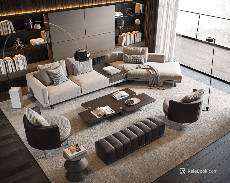 Modern Living Room With Gray Sofa Coffee Table Set And Floor To Ceiling Windows 3d model 