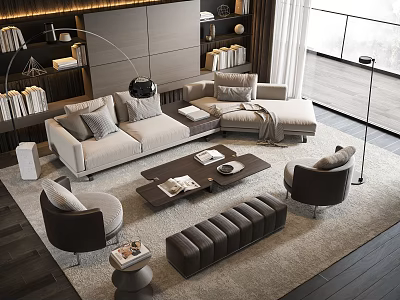 Modern Living Room With Gray Sofa Coffee Table Set And Floor To Ceiling Windows 3d model