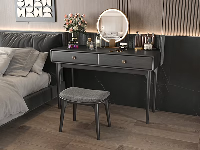 Modern Dressing Table With Round Mirror Gray Stool And Decorative Items In Bedroom 3d model