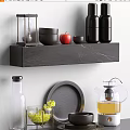 Stylish Kitchenware Display with Bowls Jars Apple on Marble Shelf and Glass Kettle Plate