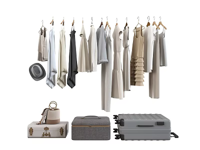Fashionable Hanging Clothes In Various Styles With Hats Bags And Suitcases 3d model