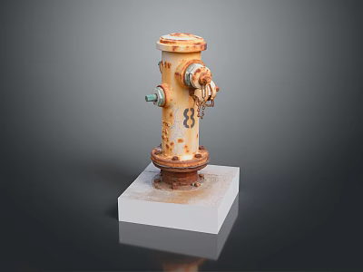 Building Exterior Rusted Fire Hydrant With Chain Number 8 And White Base 3d model