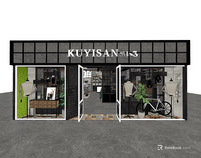 KUYISAN Clothing Shop Exterior With Display Windows Mannequins Plants And Bicycle 3d model 
