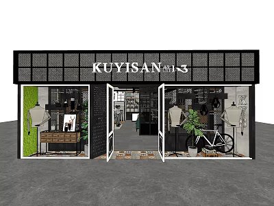 KUYISAN Clothing Shop Exterior With Display Windows Mannequins Plants And Bicycle 3d model