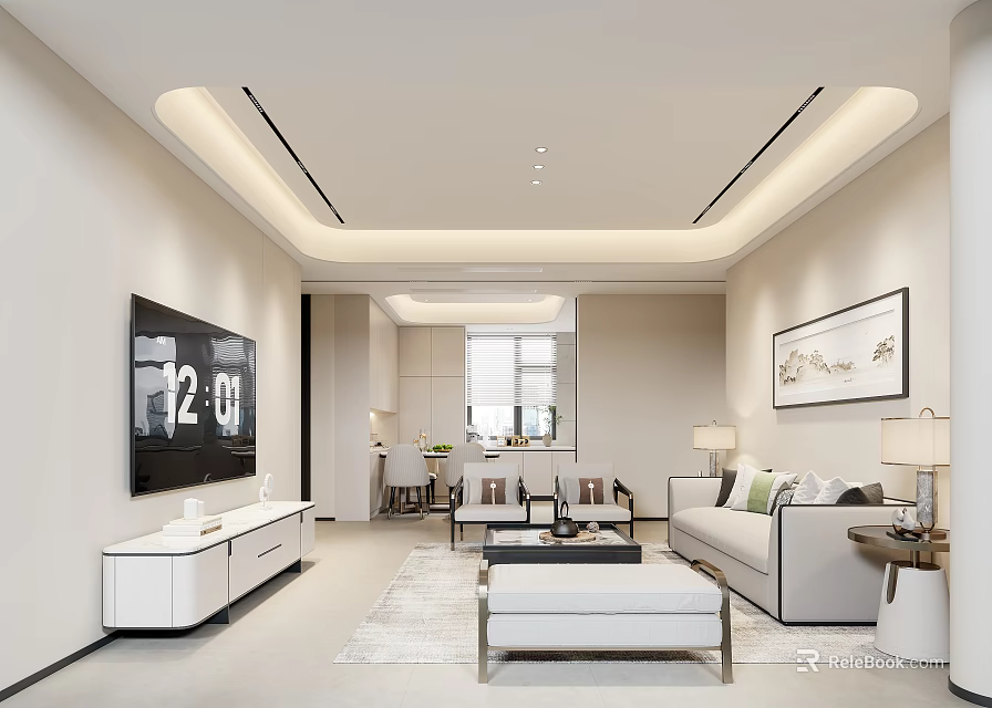 Soft Tone Modern Open Plan Living And Dining Room With Cozy Elegant Home Interior Decoration 3d model 