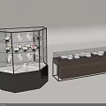 Modern Display Cabinets with Hexagonal Glass Design and Brown Counter Shelf for Jewelry Showcase