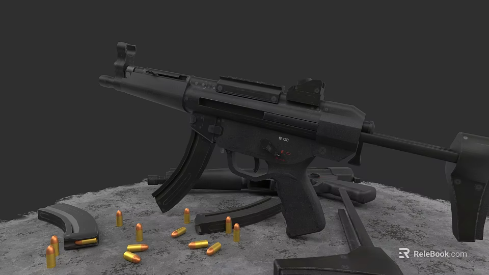 Tactical Black Submachine Gun With Magazines Bullets And Accessories On Gray Surface 3d model