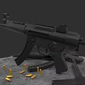 Tactical Black Submachine Gun With Magazines Bullets And Accessories On Gray Surface 3d model