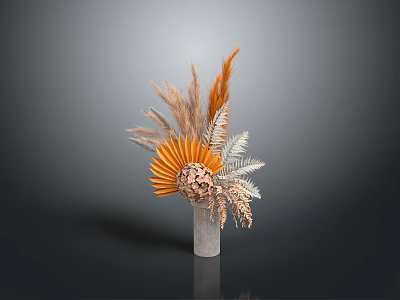 Sculptural Carving Textured Vase Featuring Orange Beige Feathers and Fan Shaped Decorations on Grey Background 3d model