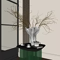 White Pleated Vase With Slender Twigs On Small Black Table Interior Decor 3d model