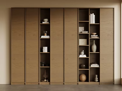 Modern Wooden Built in Bookcase with Multiple Shelves Books and Decorative Items 3d model