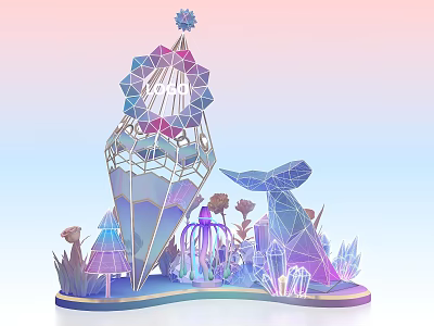 Dreamy Geometric Art Installation Photo Check-in Spot With Whale Tail Crystals Flowers And Gradient Colors 3d model