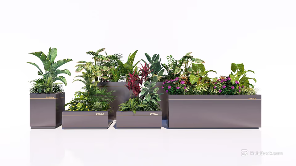 Garden Flower Planters with Various Green Plants and Colorful Flowers in Different Sizes 3d model 