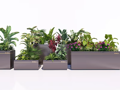 Garden Flower Planters with Various Green Plants and Colorful Flowers in Different Sizes 3d model