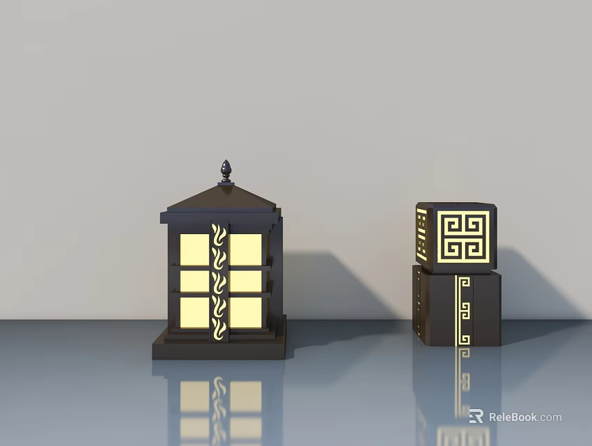Outdoor Lantern and Square Shaped Lights with Decorative Patterns and Illuminated Design 3d model