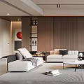 Modern Living Room Interior With White Brown Sofas Coffee Table Rug And Wooden Wall